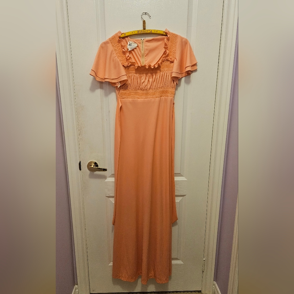 70s Coral/peach Maxi Dress Vintage Empire Waist Dress